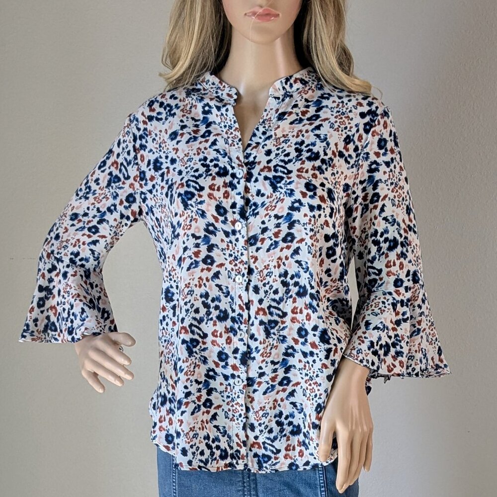 ASTR the Label Blouse Women's Small Multicolor Floral Bell Sleeve Button-up Top
